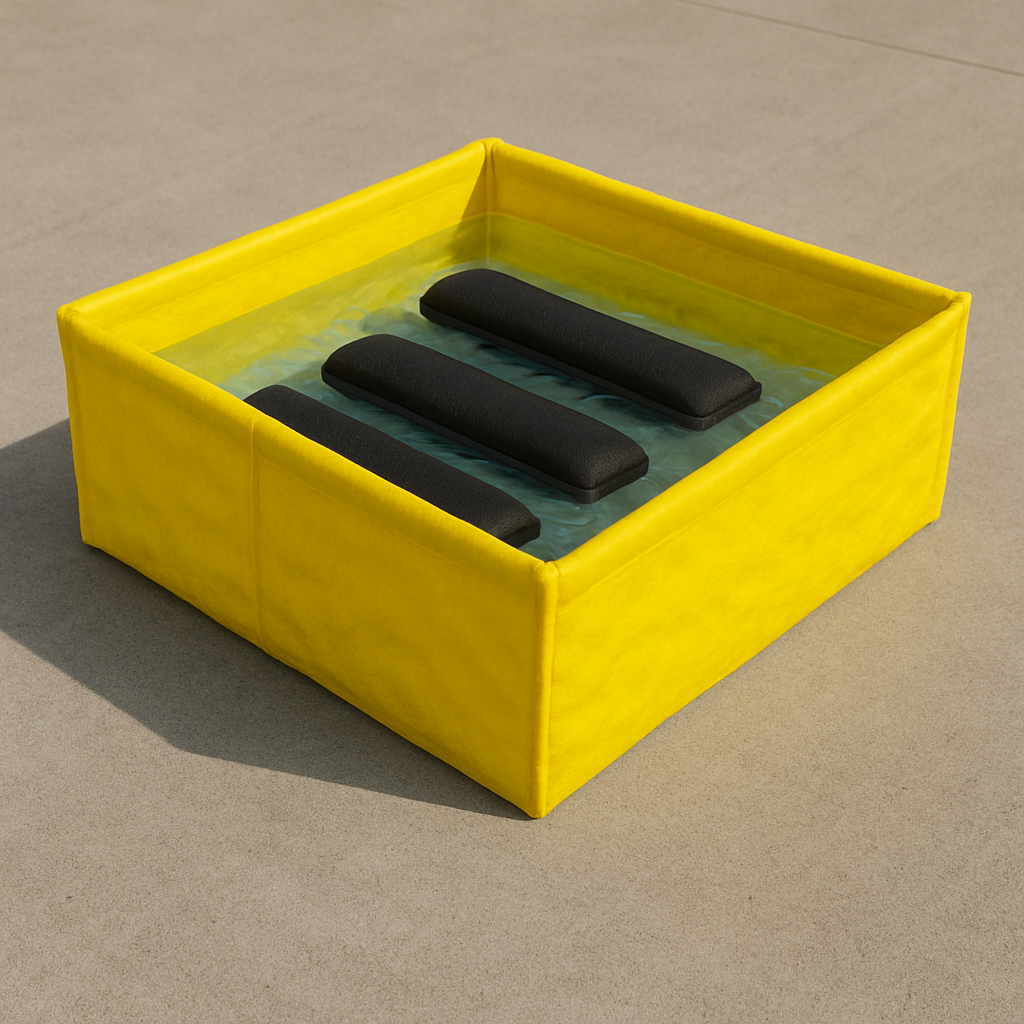 A black sand-less sandbag barrier activated by water, placed against a door to prevent flood waters from entering a property.